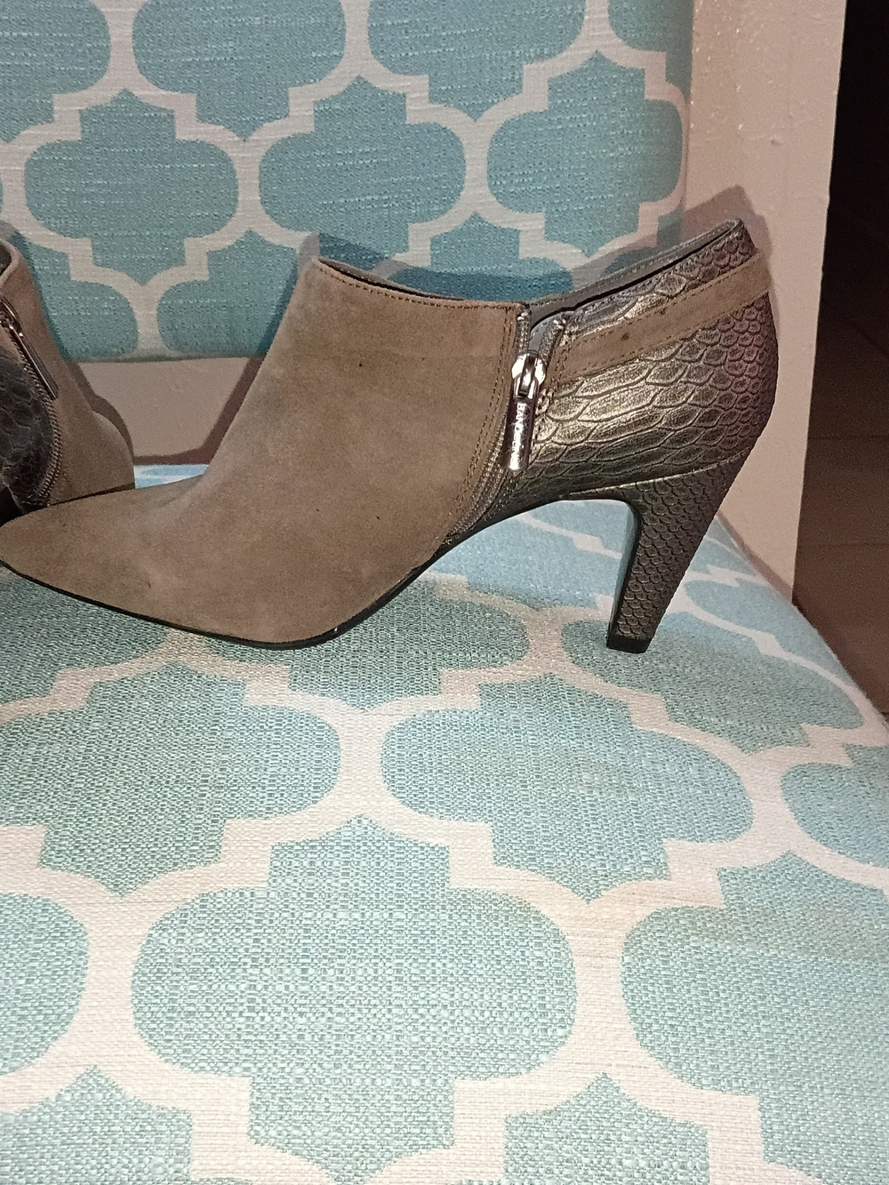 Taupe Suede Pointed Toe Ankle Bootie with Textured Heel